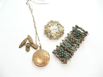 Lot 447 - A 9ct gold locket and chain, a paste bracelet, a brooch and cuff-links