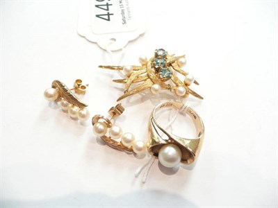 Lot 449 - A 9ct gold cultured pearl set spray brooch, a pair of 9ct gold cultured pearl earrings and a...