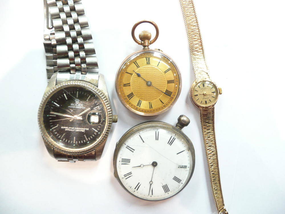 Lot 450 - Lady's 9ct gold Rotary watch, gents watch, silver pocket watch and a 9ct gold fob watch