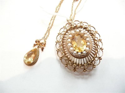 Lot 455 - A 9ct gold citrine and half pearl pendant/brooch and a 9ct gold citrine bow drop necklace