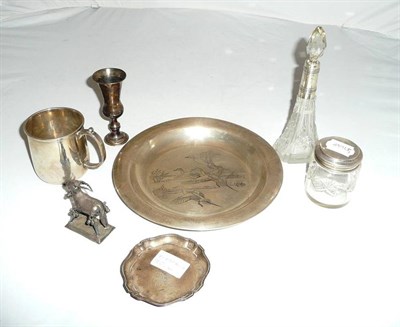 Lot 463 - Silver christening cup, silver-mounted scent bottle, silver-mounted glass jar, silver plate and...