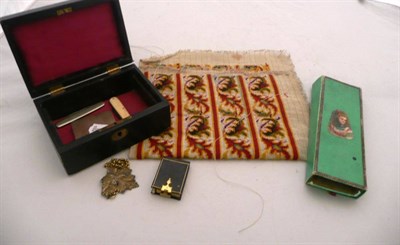 Lot 467 - Jewellery box and contents including silver compact, silver sherry decanter label, carved seal etc.