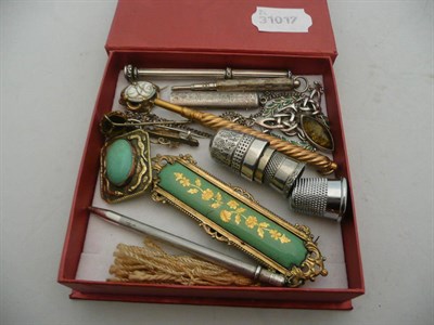 Lot 485 - A silver telescopic pencil by Samson Morden, four similar pencils, enamel clasps, etc