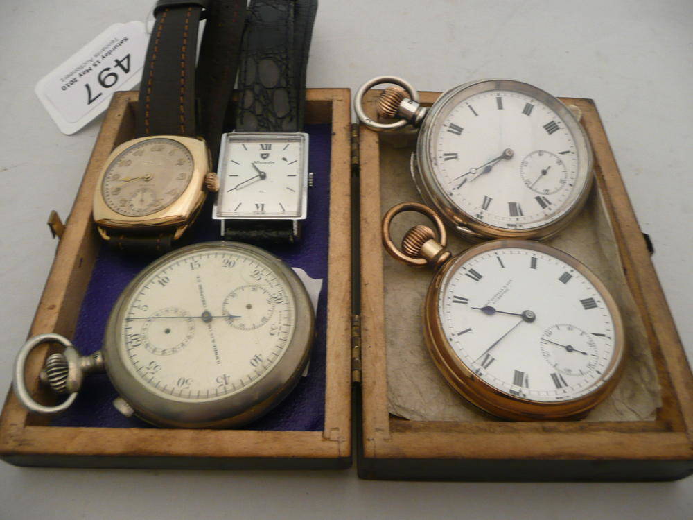 Lot 497 - A gold plated pocket watch, two silver pocket watches, a plated chronograph and two gentlemen's...