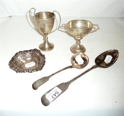 Lot 547 - Two silver spoons, a heart-shaped dish and two cups