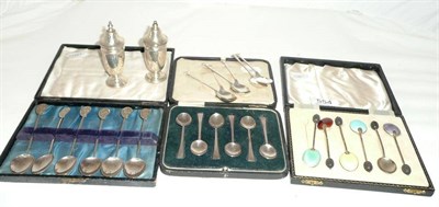 Lot 554 - Cased set of six silver and enamel coffee bean spoons, silver condiment, set of six silver...