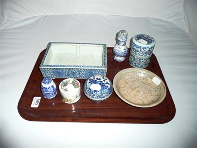 Lot 565 - Five Chinese porcelain items, comprising three-tier lidded box, Chinese provincial 19th century; an