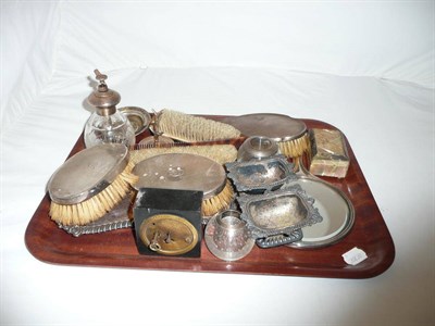 Lot 592 - A tray of assorted silver-mounted dressing table items, two silver match strikers, etc