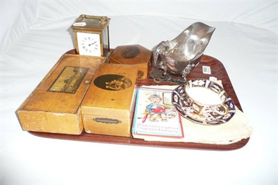 Lot 593 - Brass cased carriage clock, postcards, two ware boxes one Mauchline ware box, plated sauce...