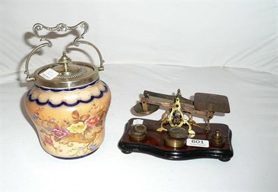 Lot 601 - Postal scales and weights and a Carltonware biscuit barrel