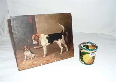 Lot 619 - Oil on panel - foxhound and pup by S Martin 1903 and a Wemyss jar and cover