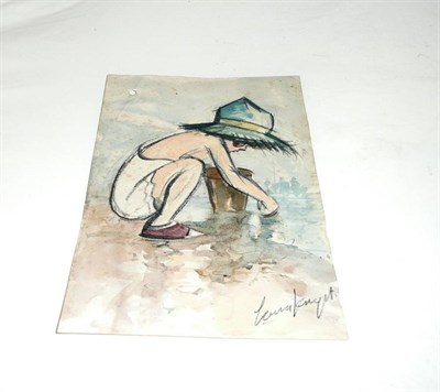 Lot 625 - Watercolour of a small child on the shore