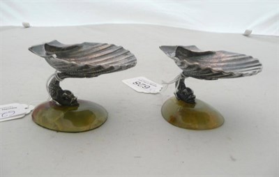 Lot 628 - Pair of Silver shell dishes on green onyx bases, Brittania marks Sheffield/London