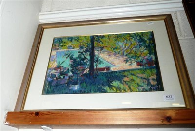 Lot 637 - David Napp framed pastel of a swimming pool