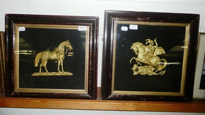 Lot 641 - A pair of Victorian burnished brass flat back figures of a Dragoon Officer's horse and St...