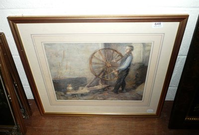 Lot 648 - Bertha Doyle - A man spinning wool, watercolour