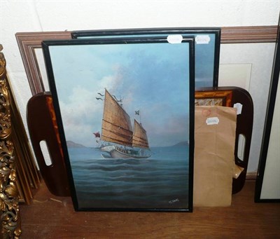 Lot 652 - Butterfly wing' picture tray, two Chinese watercolours of fishing boats, prints, etc