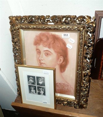 Lot 653 - Gilt framed pastel portrait, two others red chalk and a print