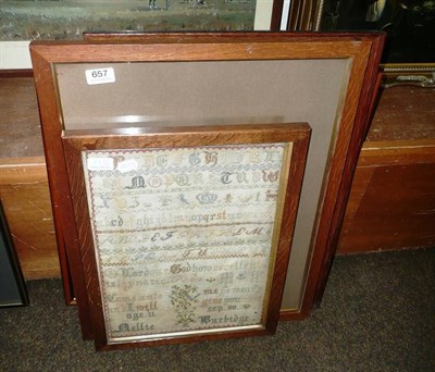 Lot 657 - A framed alphabet sampler, framed print, framed silk postcards and a framed engraving (4)