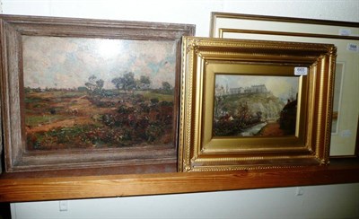 Lot 665 - Oil on board country landscape, and gilt framed oil river running through a village,...