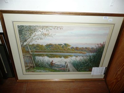 Lot 671 - Ernest Stuart, watercolour, Man Fishing in a Punt