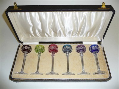Lot 2 - A Set of Six Bohemian Harlequin Liquor Glasses, circa 1930, each with a semi-ovoid bowl cut...