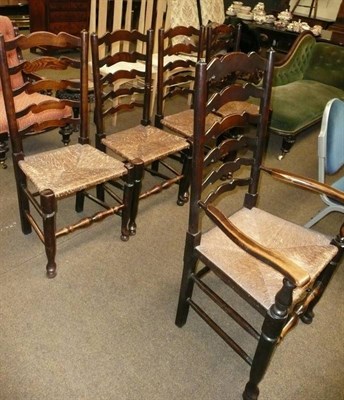 Lot 763 - Set of five oak ladder-back chairs