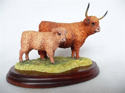 Lot 1012 - Border Fine Arts 'Highland Cow and Calf', style one, model No. 167 by Anne Wall, 13.3cm high on...