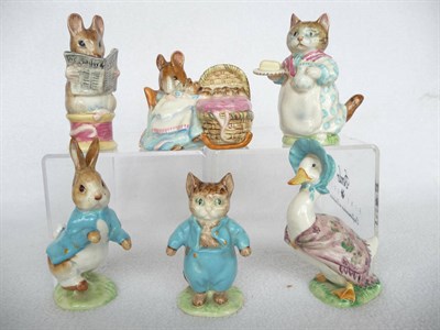 Lot 1064 - Six Beswick Beatrix Potter figures 'Peter Rabbit', BP1a (af); 'Tom Kitten', BP2a; 'Ribby',...