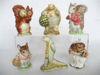 Lot 1065 - Six Beswick Beatrix Potter figures 'Squirrel Nutkin', BP2a; 'Timmy Tiptoes', BP2a (af); 'Mrs...