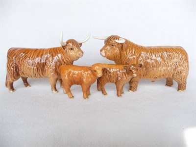 Lot 1094 - Beswick Highland Bull, model No. 2008, Highland Cow, model No. 1740 and two Highland calves...