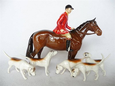 Lot 1120 - Beswick Huntsman on Brown Horse, model No. 1501, gloss, 21cm high and Five Foxhounds, models...