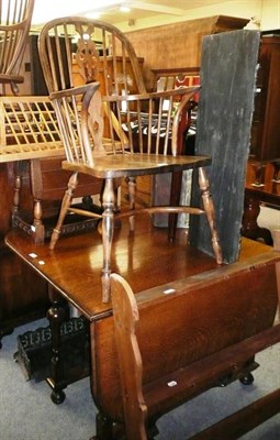 Lot 1172 - Two Windsor-style chairs, oak small table, beech plate rack, gateleg table and a pine rack (6)