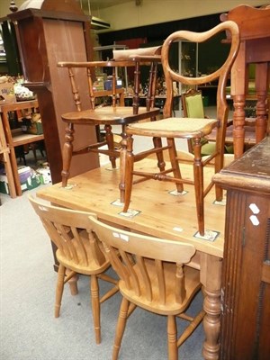 Lot 1176 - Pine table, four chairs, oak bow chair and a bedroom chair