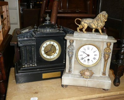 Lot 1181 - Black slate mantel clock and a white alabaster mantel clock