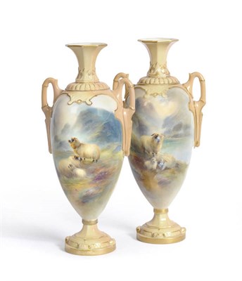Lot 38 - A Pair of Royal Worcester Porcelain Two-Handled Pedestal Vases, Harry Davis, circa 1907, with...