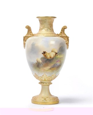 Lot 40 - A Royal Worcester Porcelain Sheep Painted Vase, Harry Davis, circa 1908, of classical pedestal...