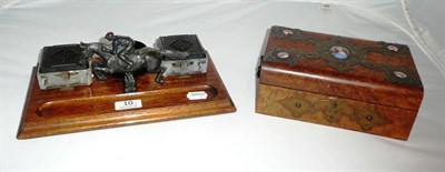 Lot 10 - Oak standish with racehorse and a Victorian walnut box with ceramic painted miniatures