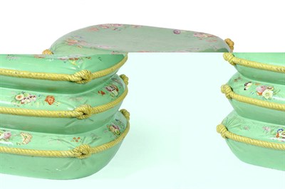 Lot 49 - A Mintons Pottery Seat, Modelled as Three Piled-Up Cushions, circa 1860-70, each oval green...