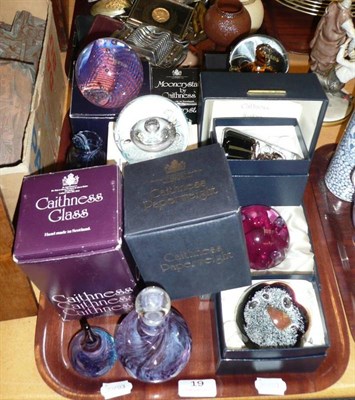 Lot 19 - A tray of Caithness paperweights, scent bottle and vase