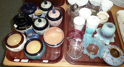 Lot 25 - Two trays including Lovett tobacco jars, vaseline glass shade etc