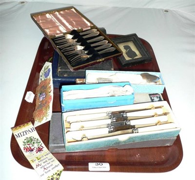 Lot 30 - Cased plated flatware, cased silver-handled tea knives and a silhouette