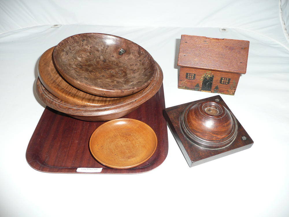 Lot 34 - Four tureen bowls, a mahogany "scientific" sphere and a pine money-box house