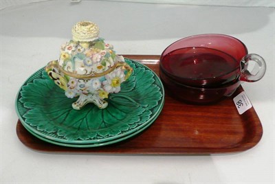 Lot 38 - Coalport encrusted twin-handled vase and cover, a pair of cranberry handled dishes and two...