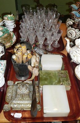 Lot 40 - Tray of Waterford drinking glasses, onyx cigarette boxes, brass inkwell, etc