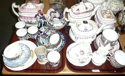 Lot 43 - Two trays of decorative ceramics including pink lustre teapots