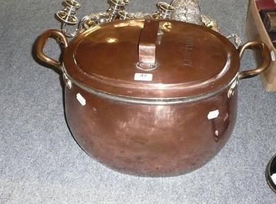 Lot 47 - Large 19th century twin-handled lidded copper kettle inscribed 'Lowther'
