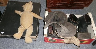Lot 49 - Collectables including Underwood typewriter, teddy bear, hobnail boots, leather horse boots,...