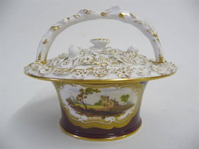 Lot 53 - An English Encrusted Porcelain Pot-Pourri Basket, circa 1830, the shallow domed pierced cover...