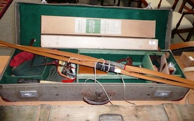 Lot 57 - Archery Equipment, comprising a cased archery set containing a laminated wood two piece bow, a...